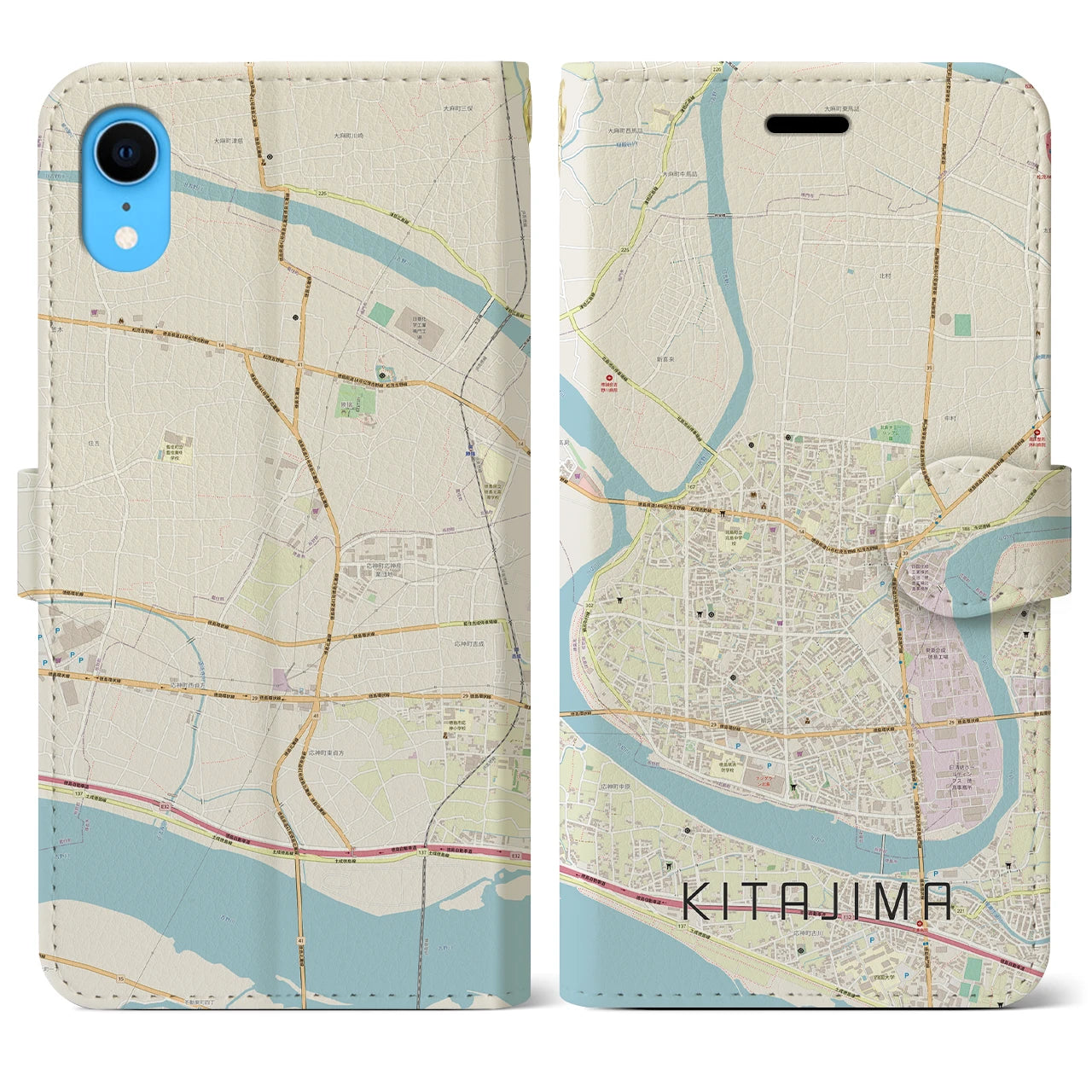 【北島(徳島県)】地図柄iPhoneケース(手帳タイプ)ナチュラル・iPhone XR 用