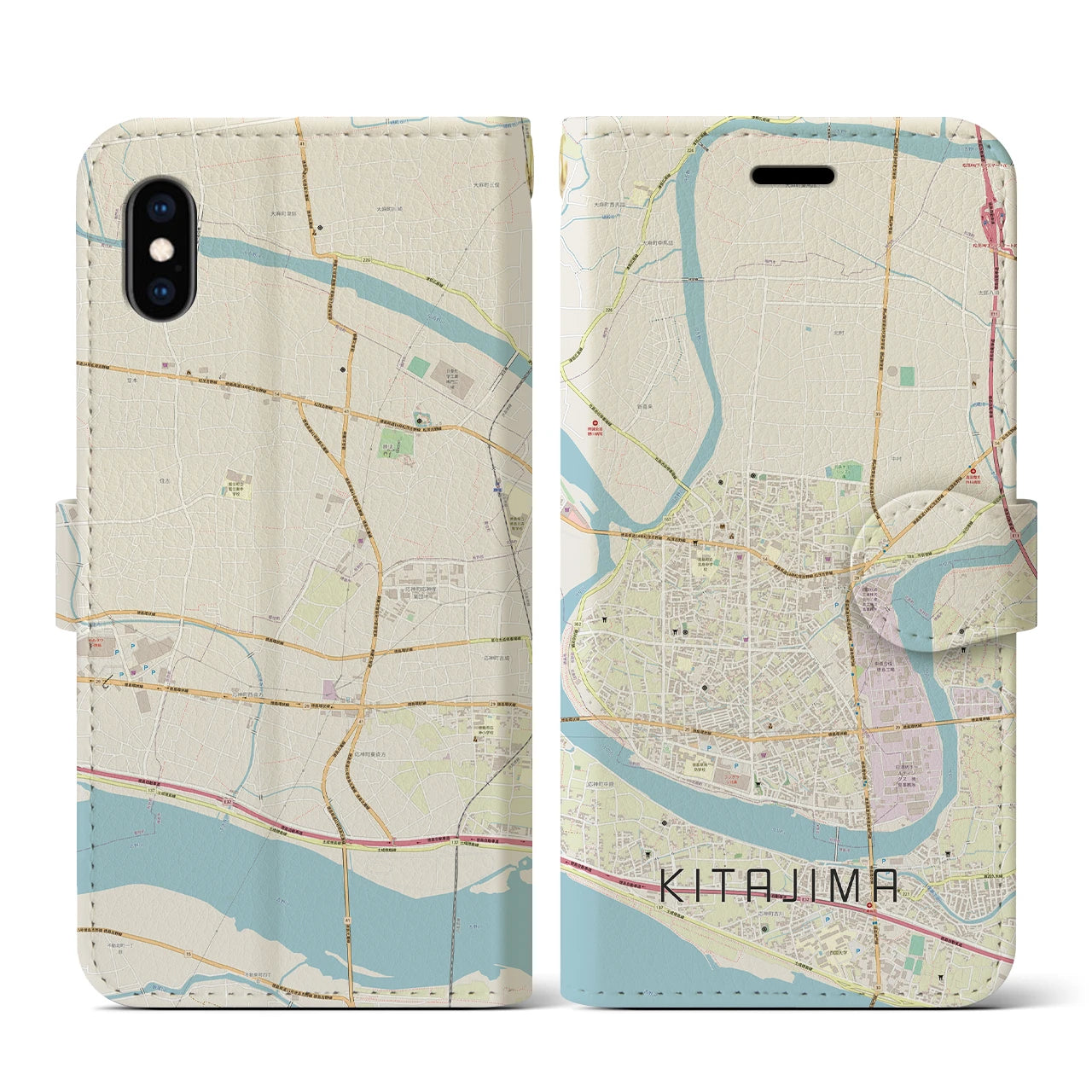 【北島(徳島県)】地図柄iPhoneケース(手帳タイプ)ナチュラル・iPhone XS / X 用