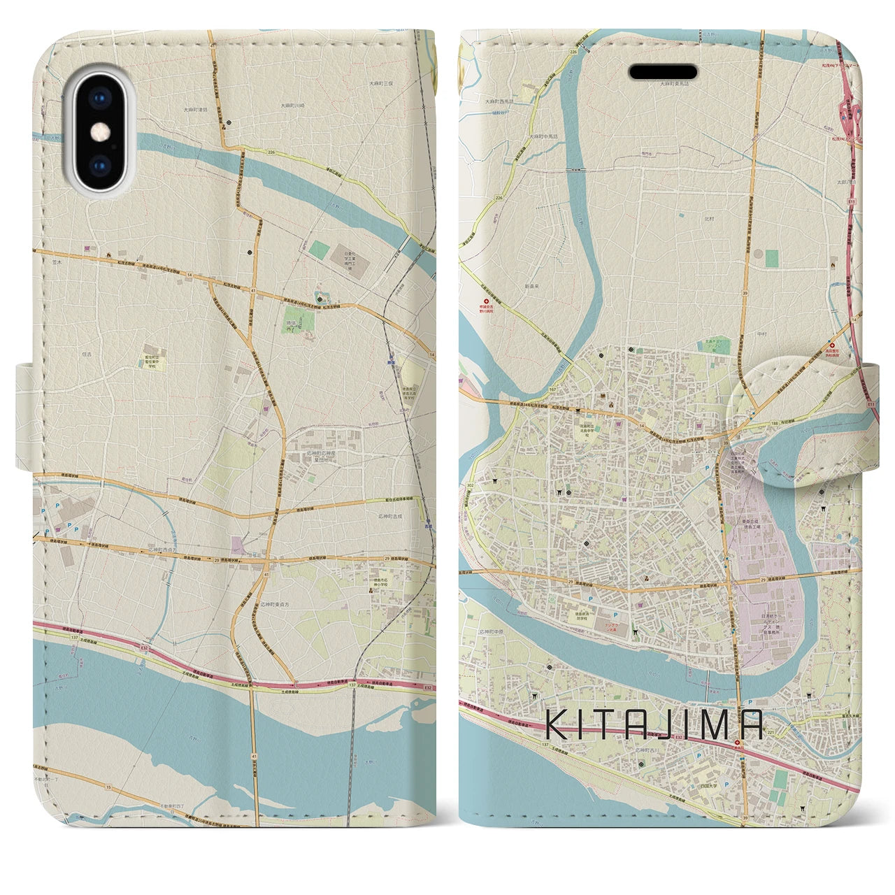 【北島(徳島県)】地図柄iPhoneケース(手帳タイプ)ナチュラル・iPhone XS Max 用