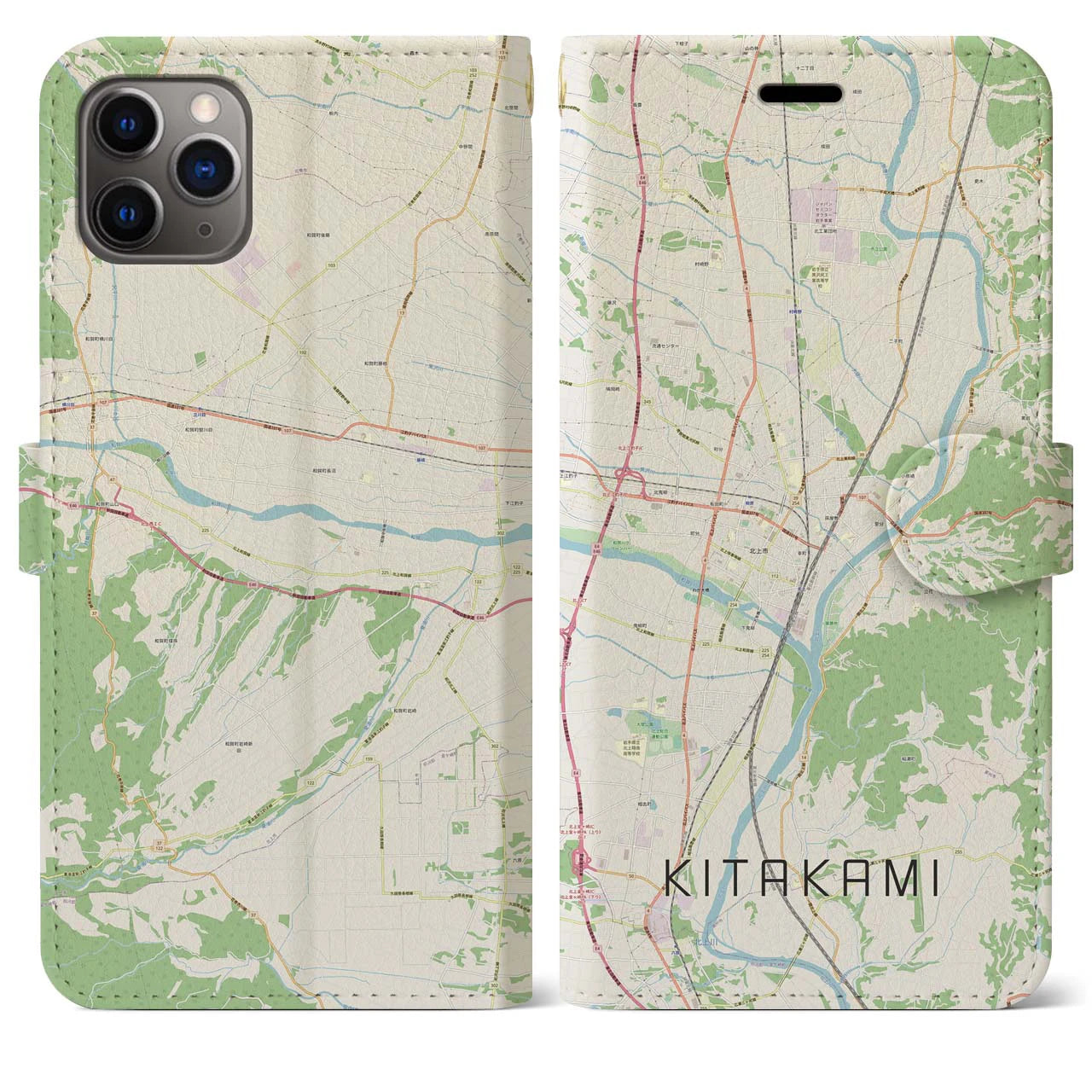 【北上(岩手県)】地図柄iPhoneケース(手帳タイプ)ナチュラル・iPhone 11 Pro Max 用