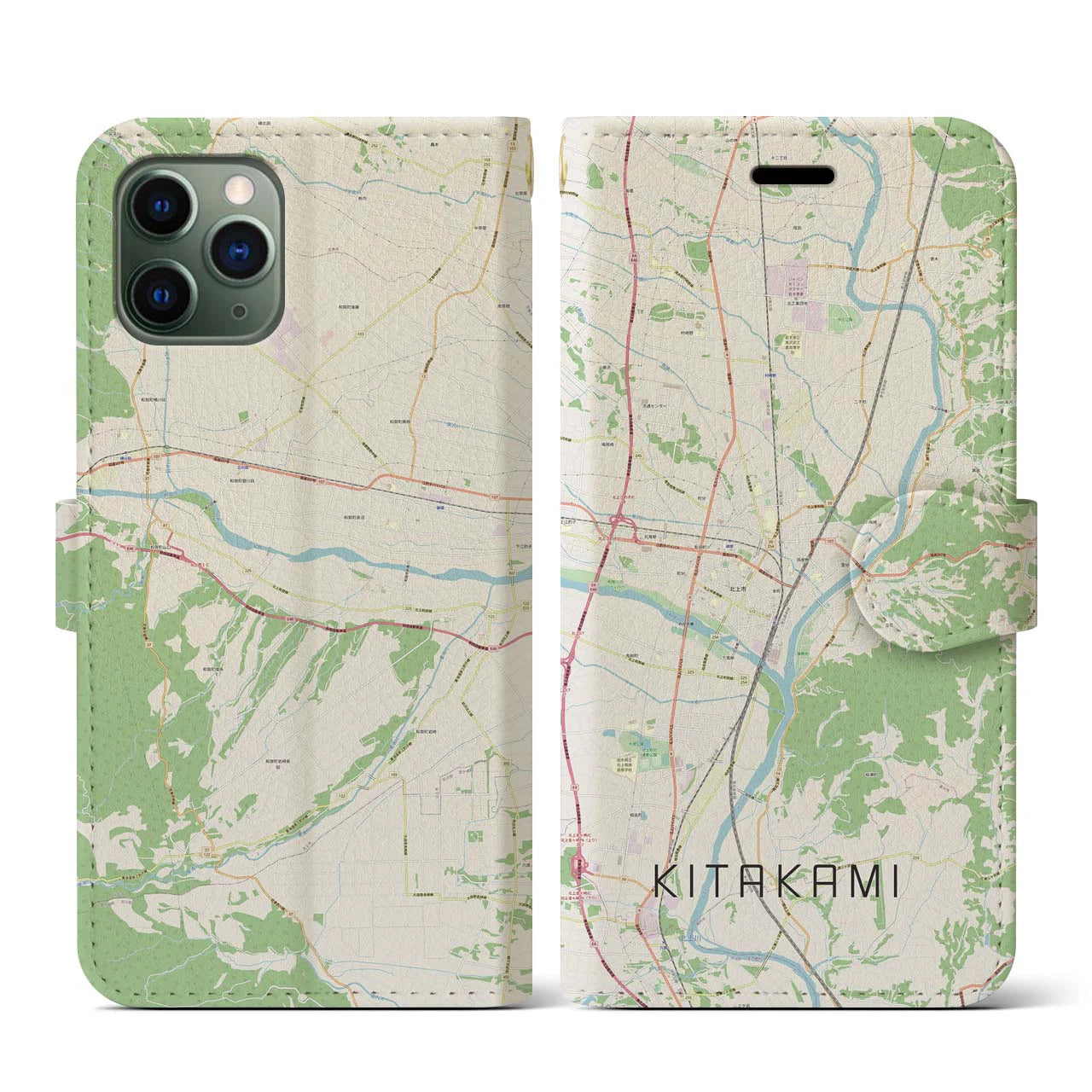 【北上(岩手県)】地図柄iPhoneケース(手帳タイプ)ナチュラル・iPhone 11 Pro 用