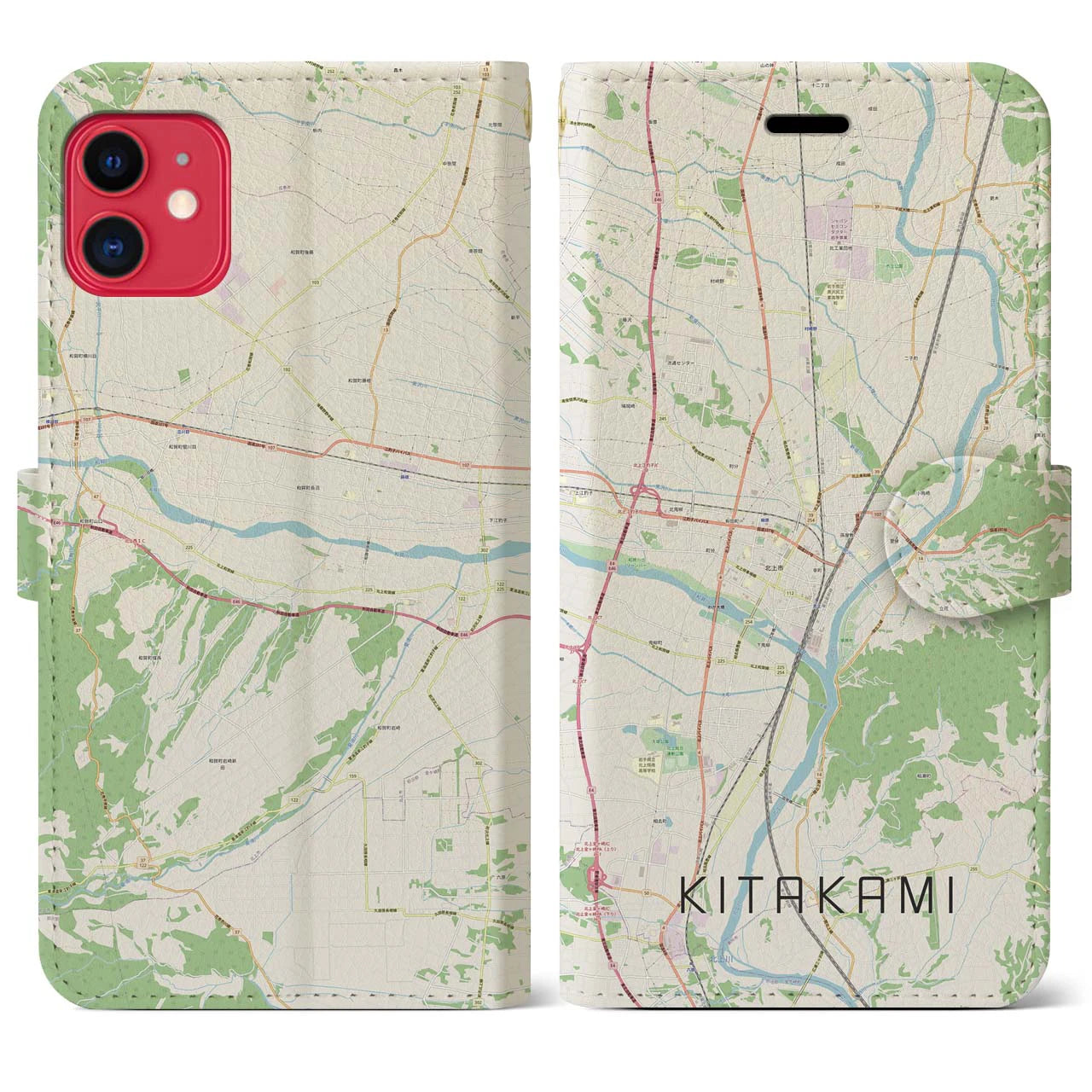 【北上(岩手県)】地図柄iPhoneケース(手帳タイプ)ナチュラル・iPhone 11 用