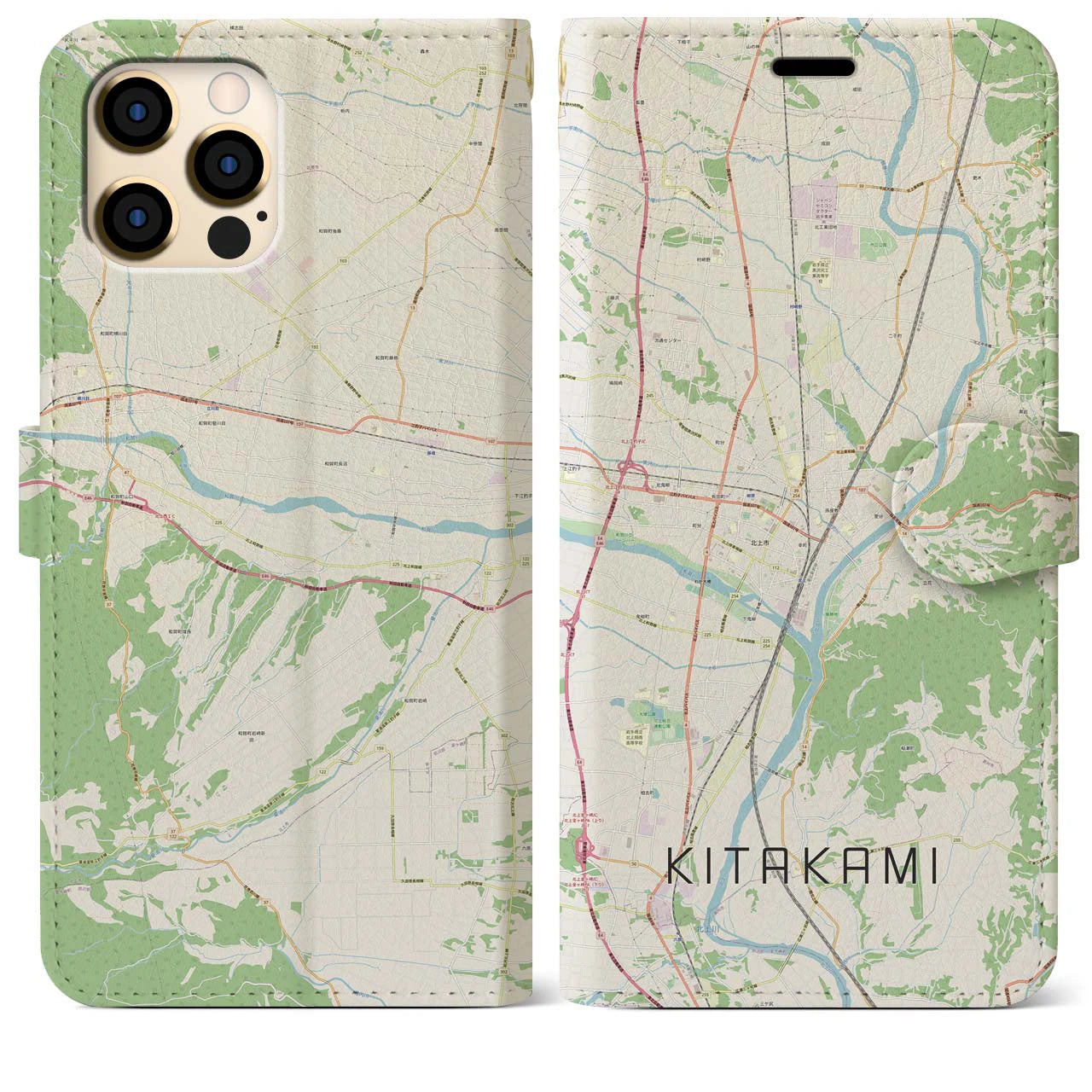【北上(岩手県)】地図柄iPhoneケース(手帳タイプ)ナチュラル・iPhone 12 Pro Max 用