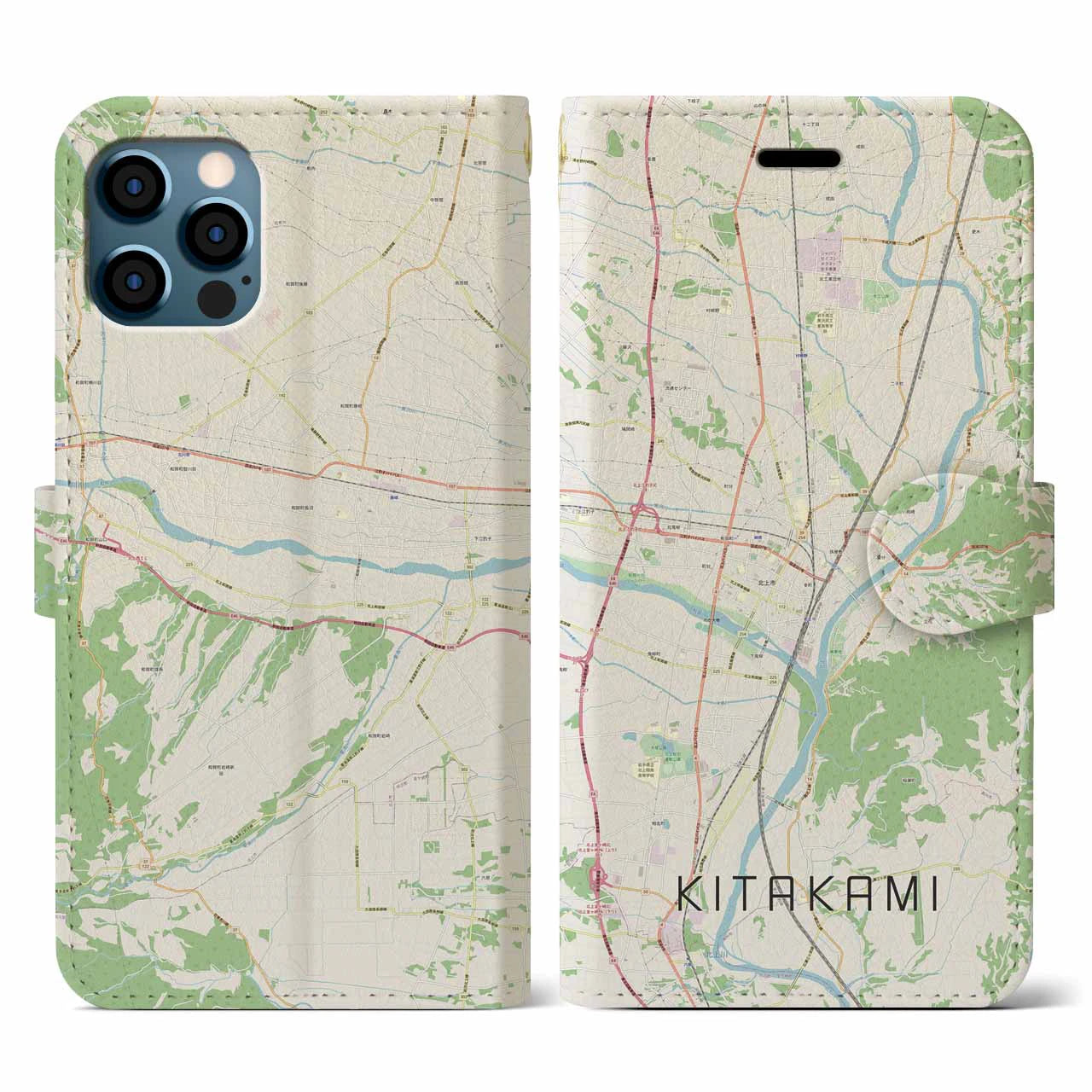 【北上(岩手県)】地図柄iPhoneケース(手帳タイプ)ナチュラル・iPhone 12 / 12 Pro 用