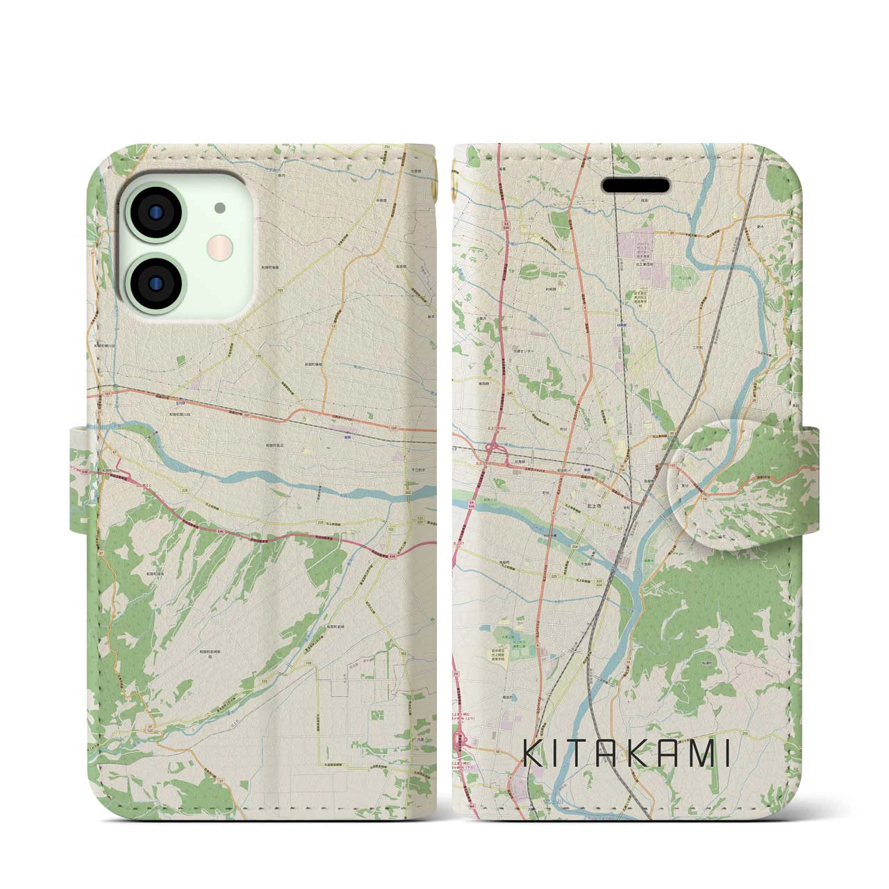【北上(岩手県)】地図柄iPhoneケース(手帳タイプ)ナチュラル・iPhone 12 mini 用