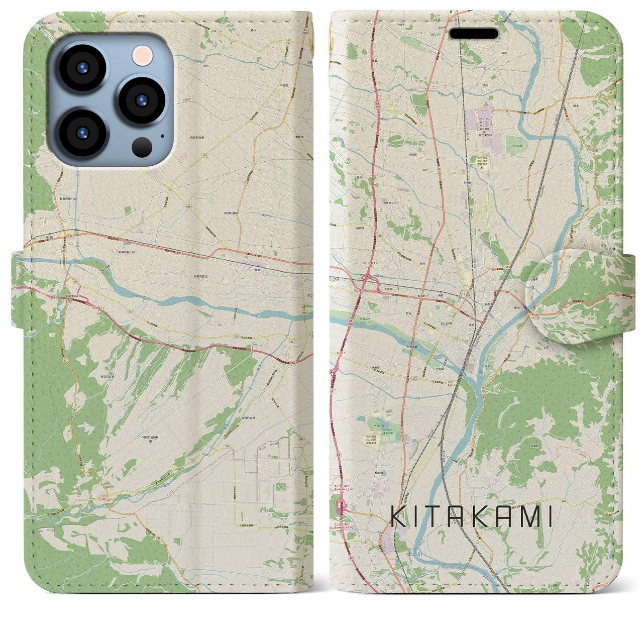 【北上(岩手県)】地図柄iPhoneケース(手帳タイプ)ナチュラル・iPhone 13 Pro Max 用