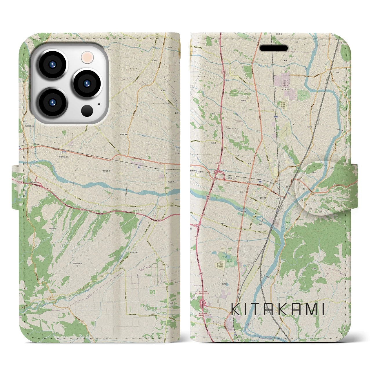 【北上(岩手県)】地図柄iPhoneケース(手帳タイプ)ナチュラル・iPhone 13 Pro 用