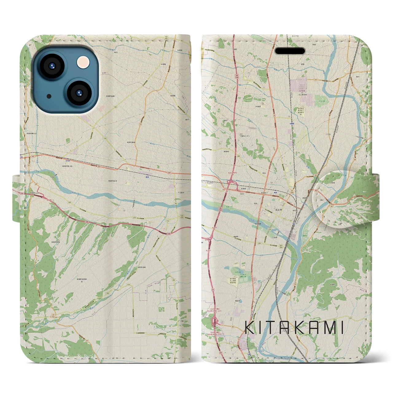 【北上(岩手県)】地図柄iPhoneケース(手帳タイプ)ナチュラル・iPhone 13 用