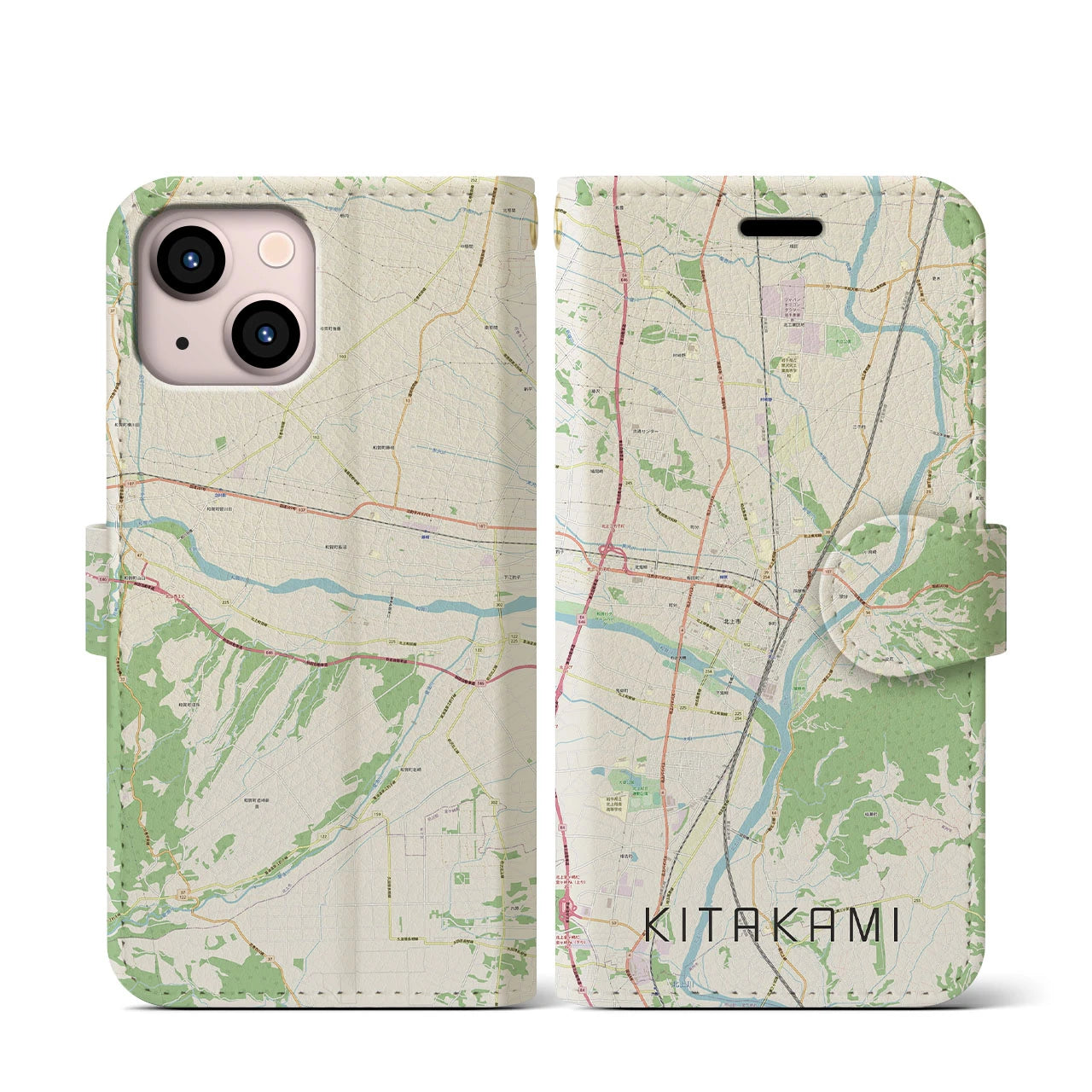 【北上(岩手県)】地図柄iPhoneケース(手帳タイプ)ナチュラル・iPhone 13 mini 用