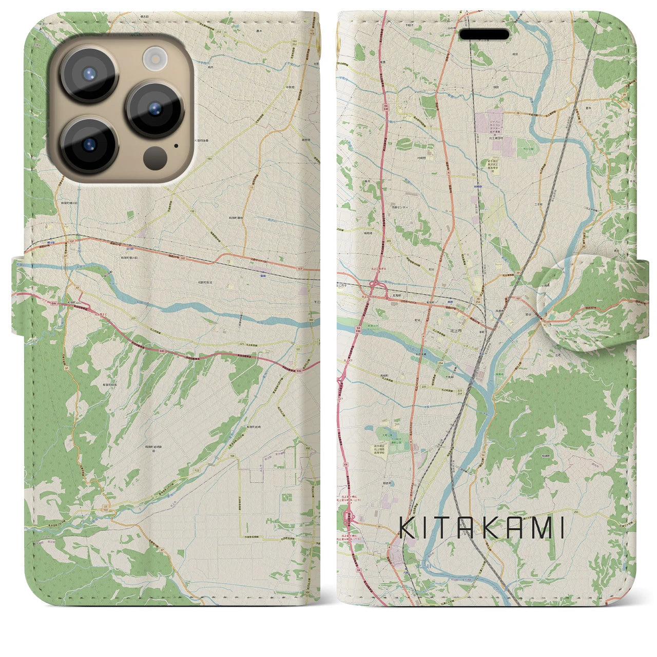 【北上(岩手県)】地図柄iPhoneケース(手帳タイプ)ナチュラル・iPhone 14 Pro Max 用