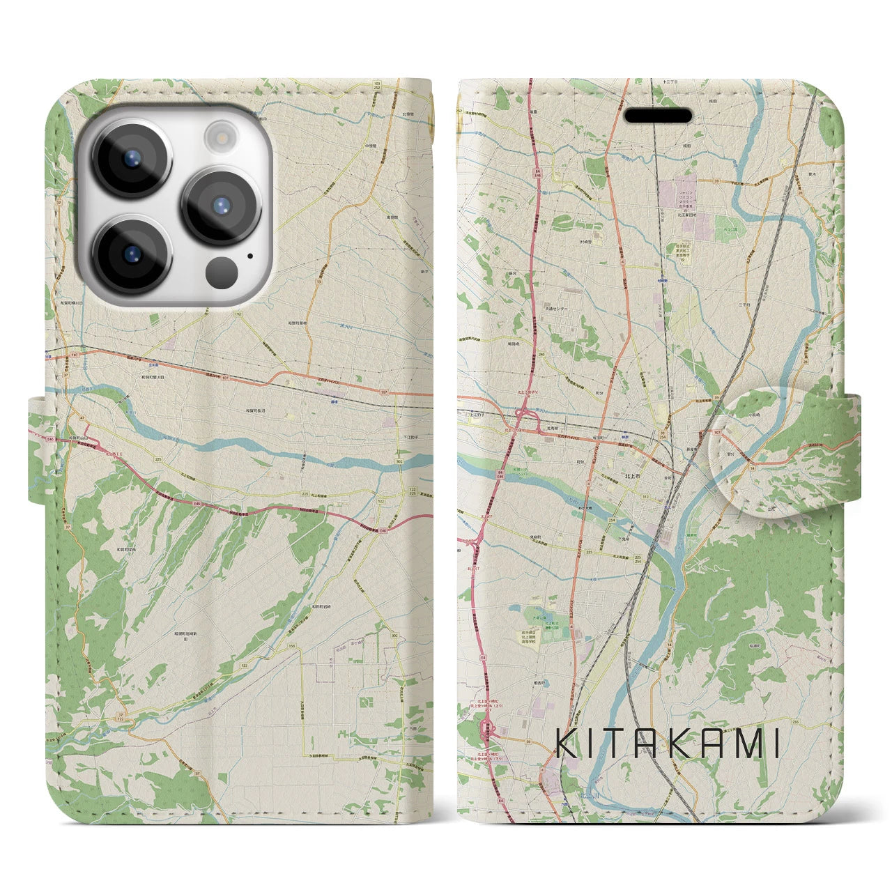 【北上(岩手県)】地図柄iPhoneケース(手帳タイプ)ナチュラル・iPhone 14 Pro 用