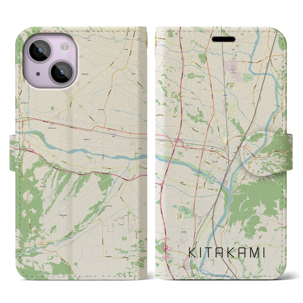 【北上(岩手県)】地図柄iPhoneケース(手帳タイプ)ナチュラル・iPhone 14 用