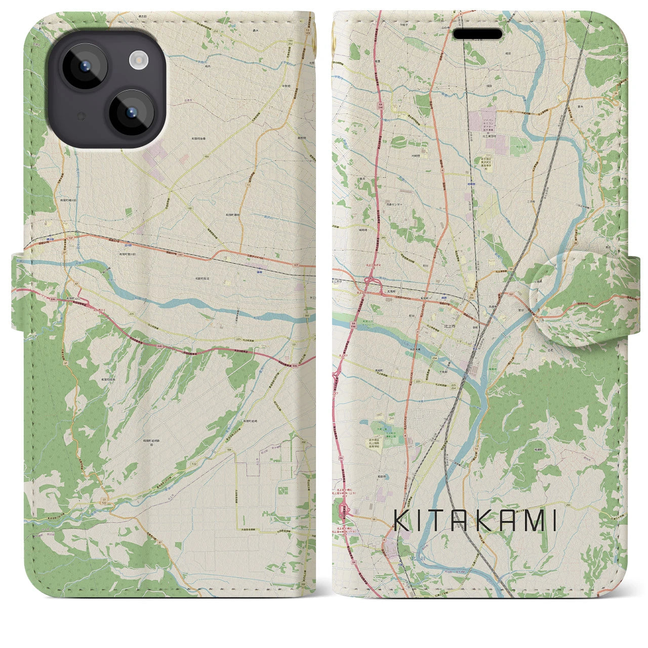 【北上(岩手県)】地図柄iPhoneケース(手帳タイプ)ナチュラル・iPhone 14 Plus 用
