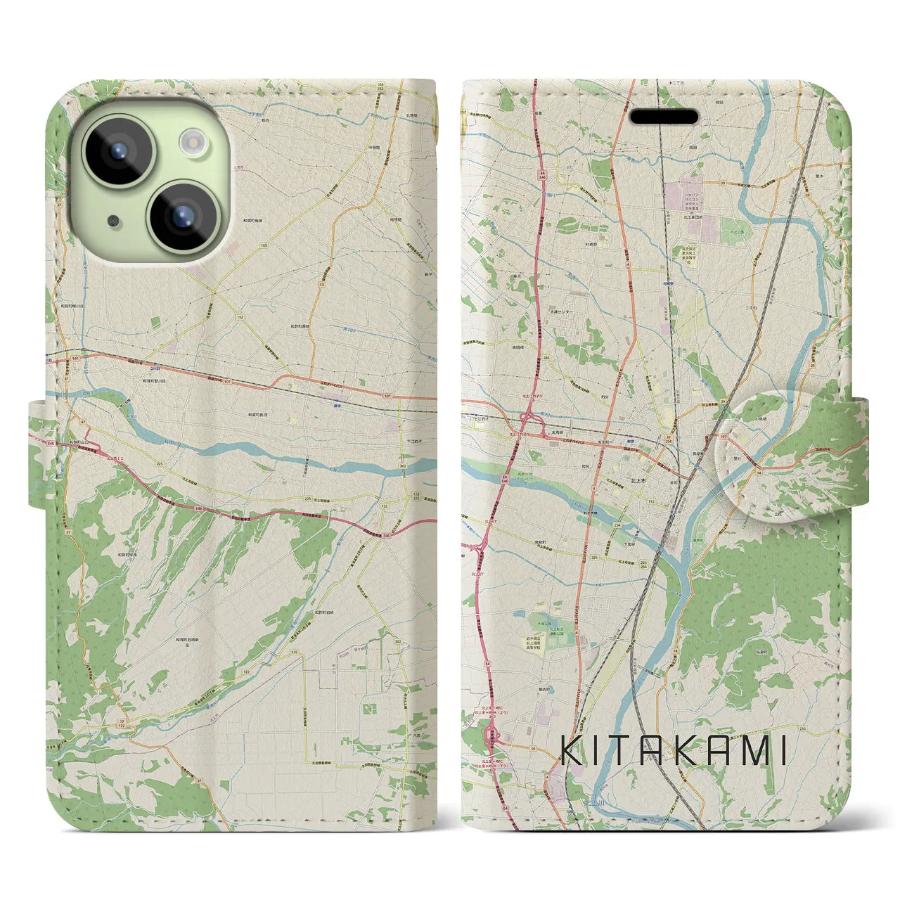 【北上(岩手県)】地図柄iPhoneケース(手帳タイプ)ナチュラル・iPhone 15 用