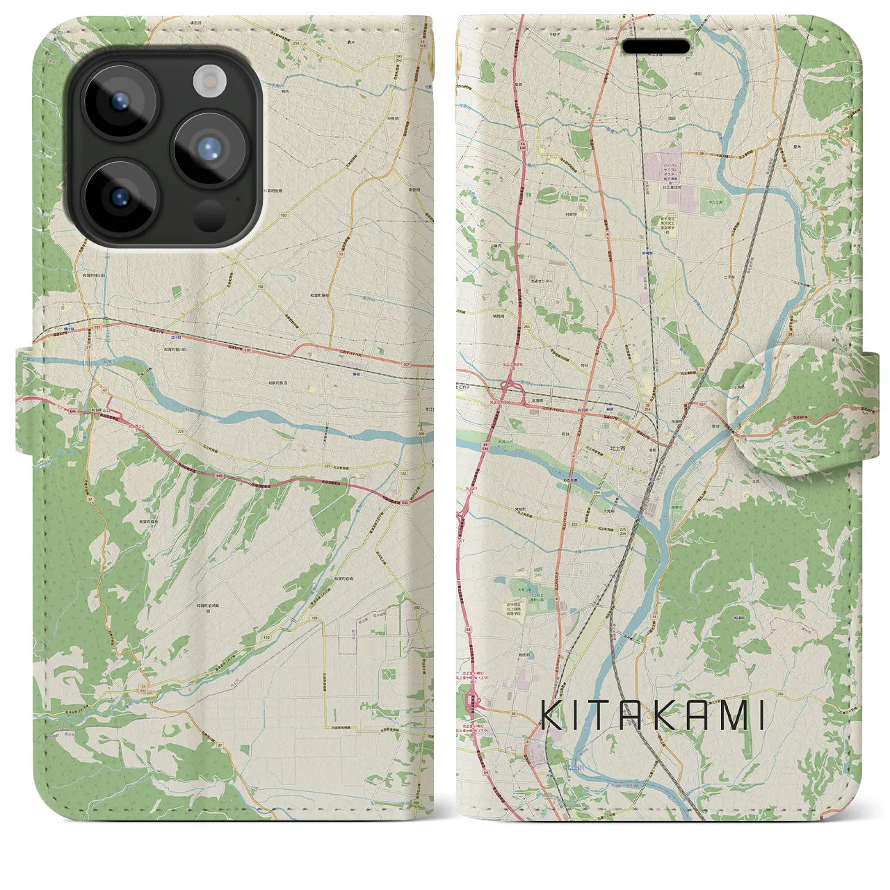 【北上(岩手県)】地図柄iPhoneケース(手帳タイプ)ナチュラル・iPhone 15 Pro Max 用