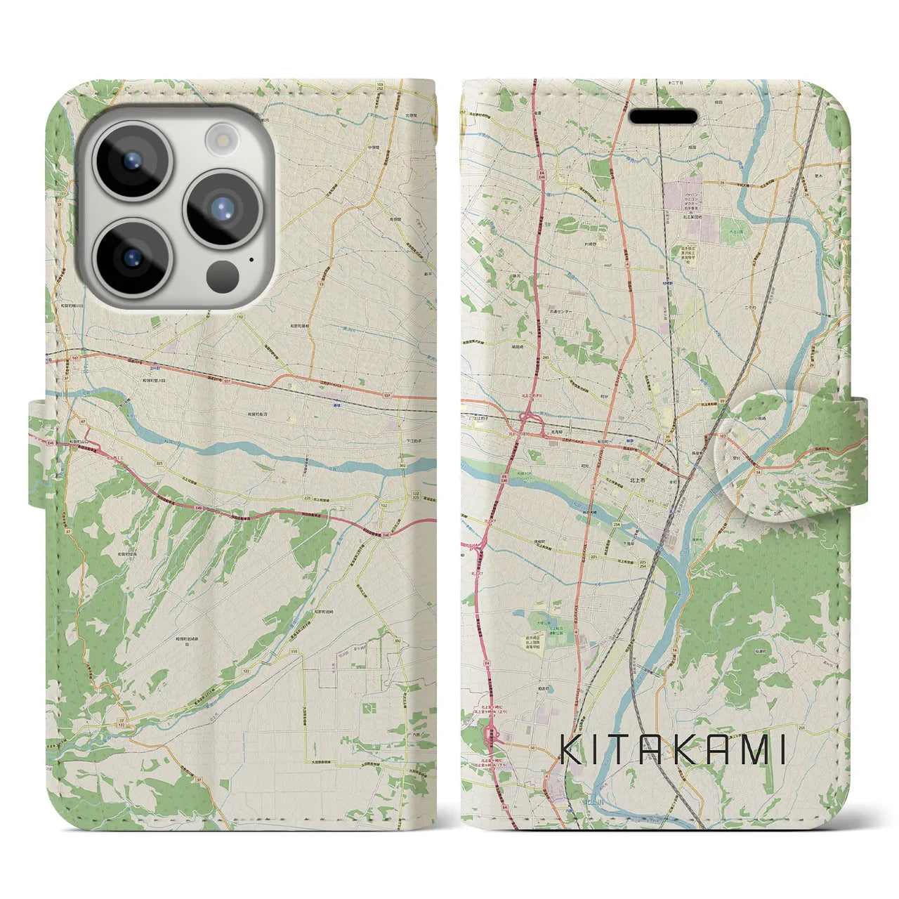 【北上(岩手県)】地図柄iPhoneケース(手帳タイプ)ナチュラル・iPhone 15 Pro 用