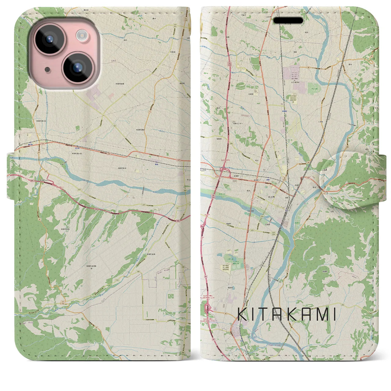 【北上(岩手県)】地図柄iPhoneケース(手帳タイプ)ナチュラル・iPhone 15 Plus 用