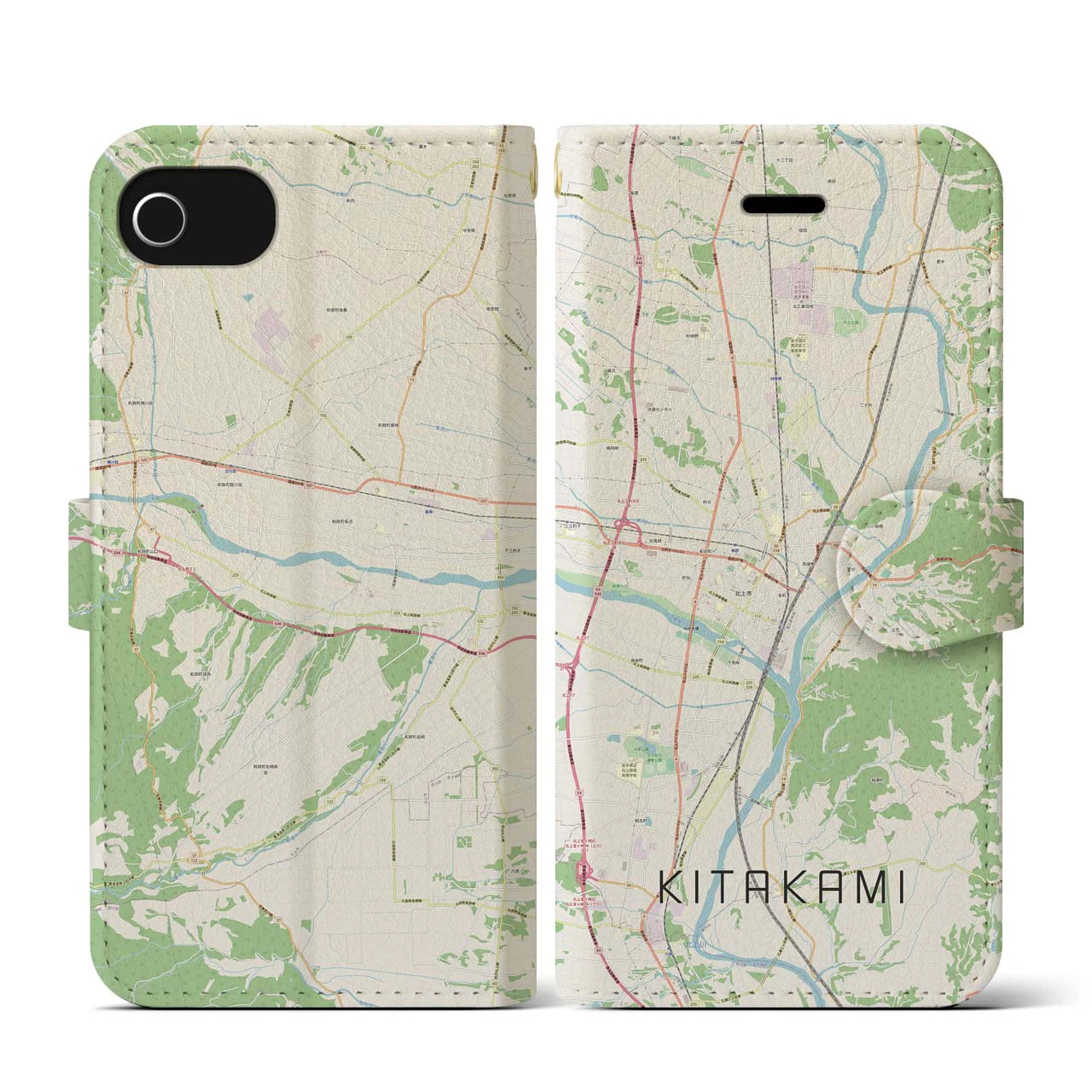【北上(岩手県)】地図柄iPhoneケース(手帳タイプ)ナチュラル・iPhone SE(第3 / 第2世代) / 8 / 7 / 6s / 6 用