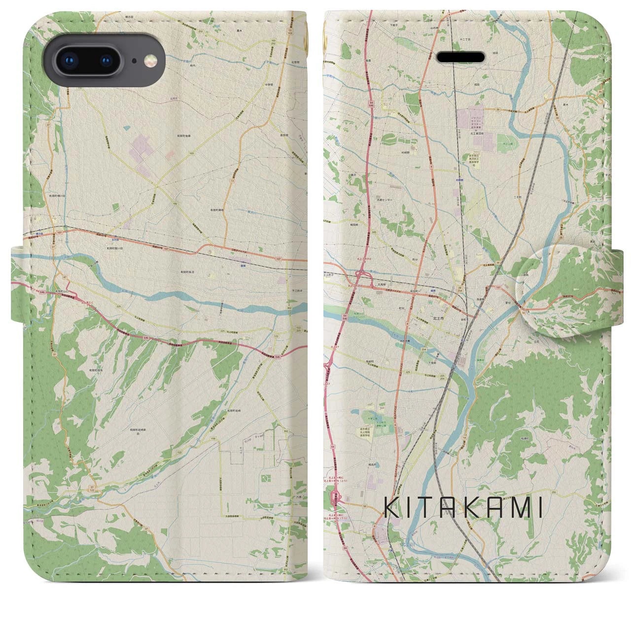 【北上(岩手県)】地図柄iPhoneケース(手帳タイプ)ナチュラル・iPhone 8Plus /7Plus / 6sPlus / 6Plus 用