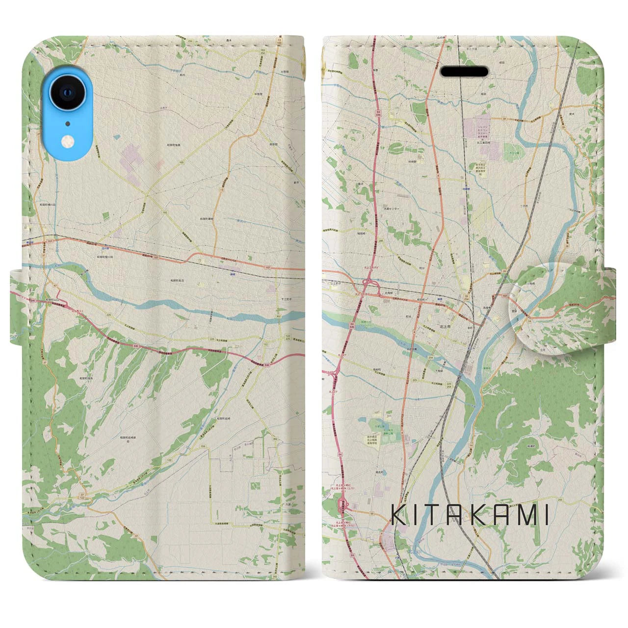 【北上(岩手県)】地図柄iPhoneケース(手帳タイプ)ナチュラル・iPhone XR 用