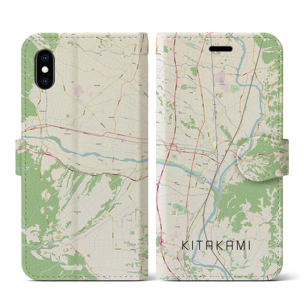 【北上(岩手県)】地図柄iPhoneケース(手帳タイプ)ナチュラル・iPhone XS / X 用