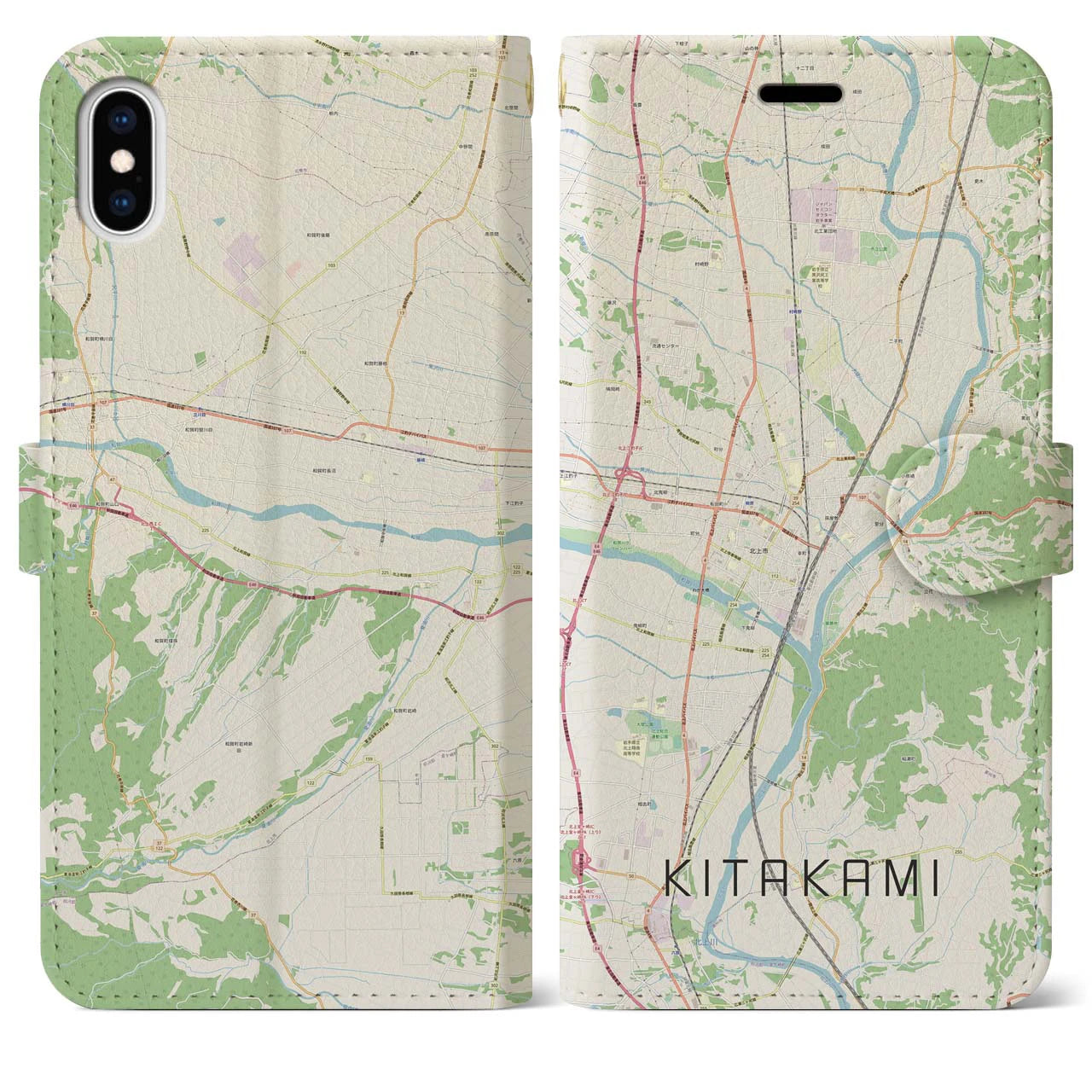 【北上(岩手県)】地図柄iPhoneケース(手帳タイプ)ナチュラル・iPhone XS Max 用