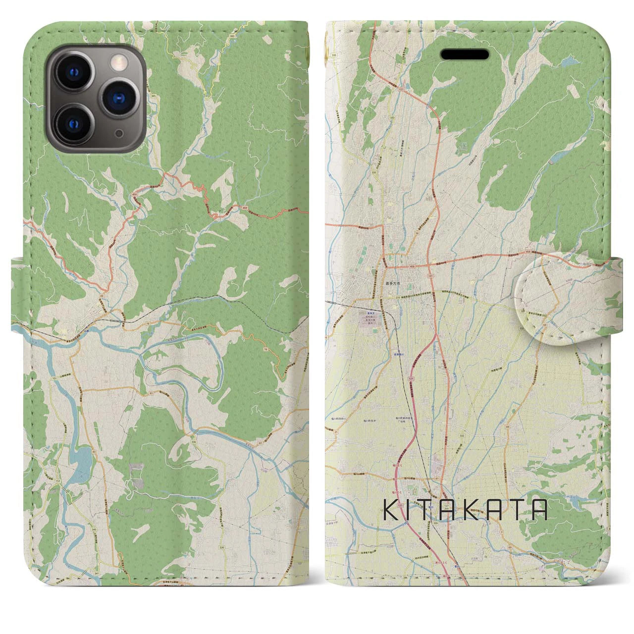【喜多方(福島県)】地図柄iPhoneケース(手帳タイプ)ナチュラル・iPhone 11 Pro Max 用