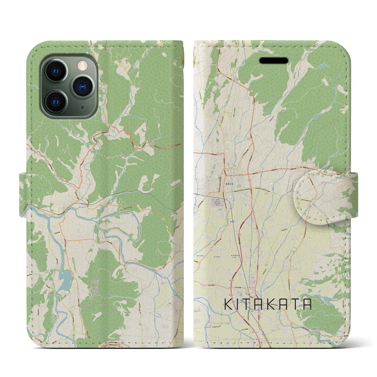 【喜多方(福島県)】地図柄iPhoneケース(手帳タイプ)ナチュラル・iPhone 11 Pro 用