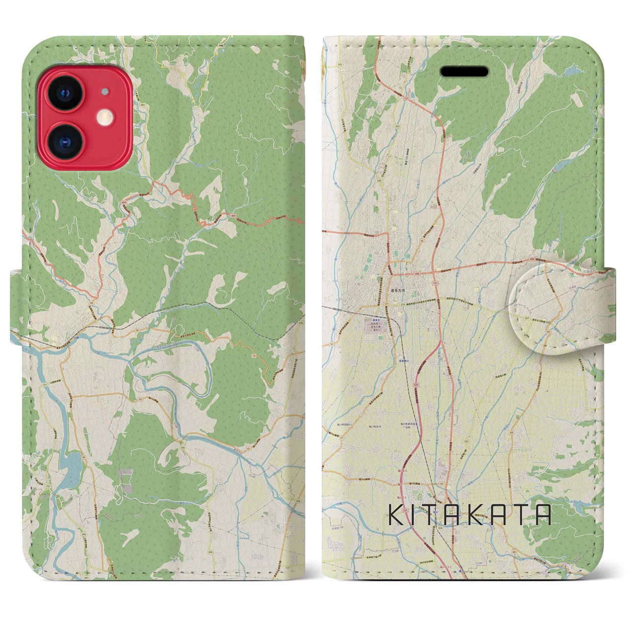 【喜多方(福島県)】地図柄iPhoneケース(手帳タイプ)ナチュラル・iPhone 11 用