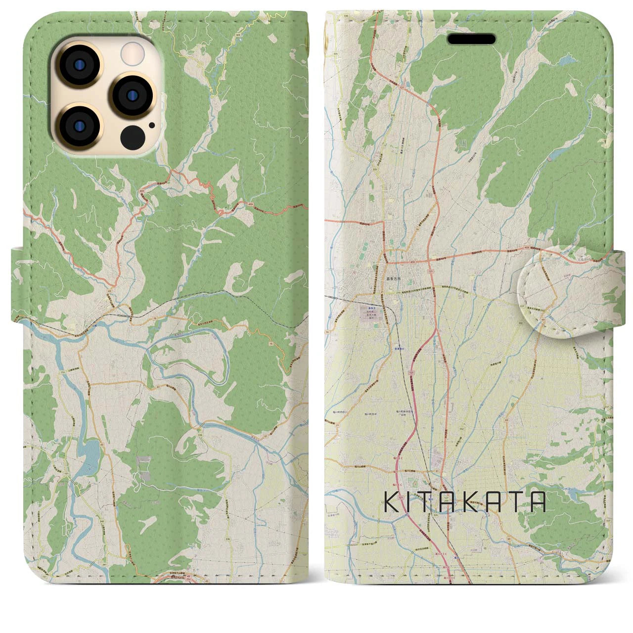 【喜多方(福島県)】地図柄iPhoneケース(手帳タイプ)ナチュラル・iPhone 12 Pro Max 用