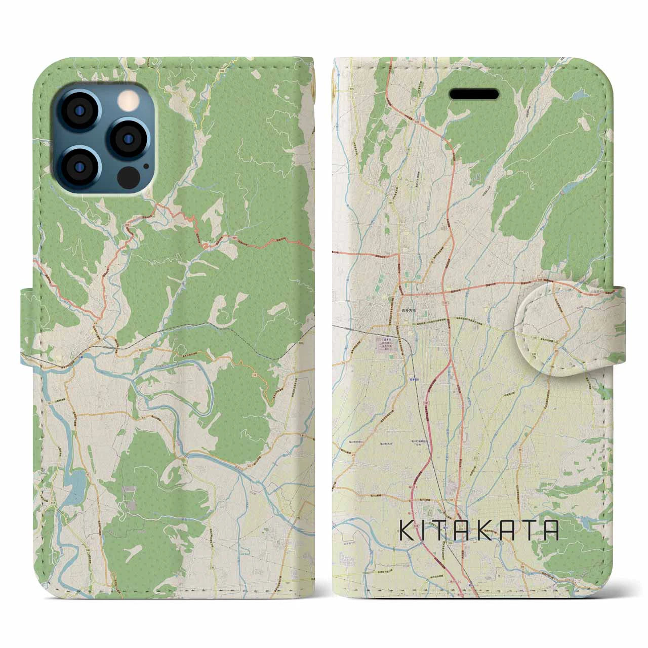 【喜多方(福島県)】地図柄iPhoneケース(手帳タイプ)ナチュラル・iPhone 12 / 12 Pro 用