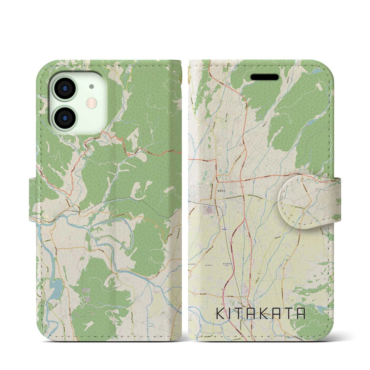 【喜多方(福島県)】地図柄iPhoneケース(手帳タイプ)ナチュラル・iPhone 12 mini 用