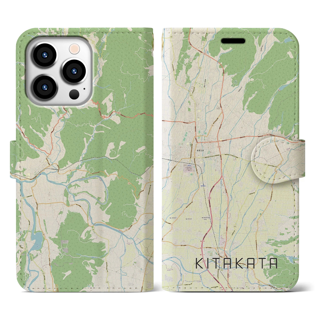 【喜多方(福島県)】地図柄iPhoneケース(手帳タイプ)ナチュラル・iPhone 13 Pro 用