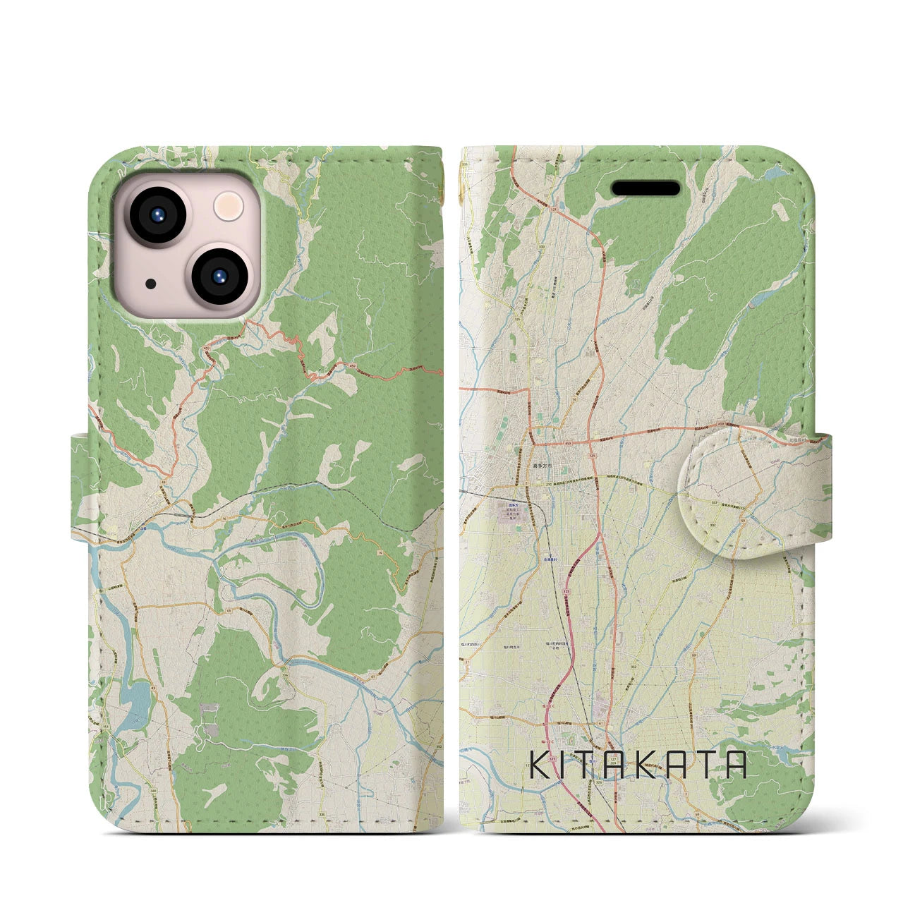【喜多方(福島県)】地図柄iPhoneケース(手帳タイプ)ナチュラル・iPhone 13 mini 用