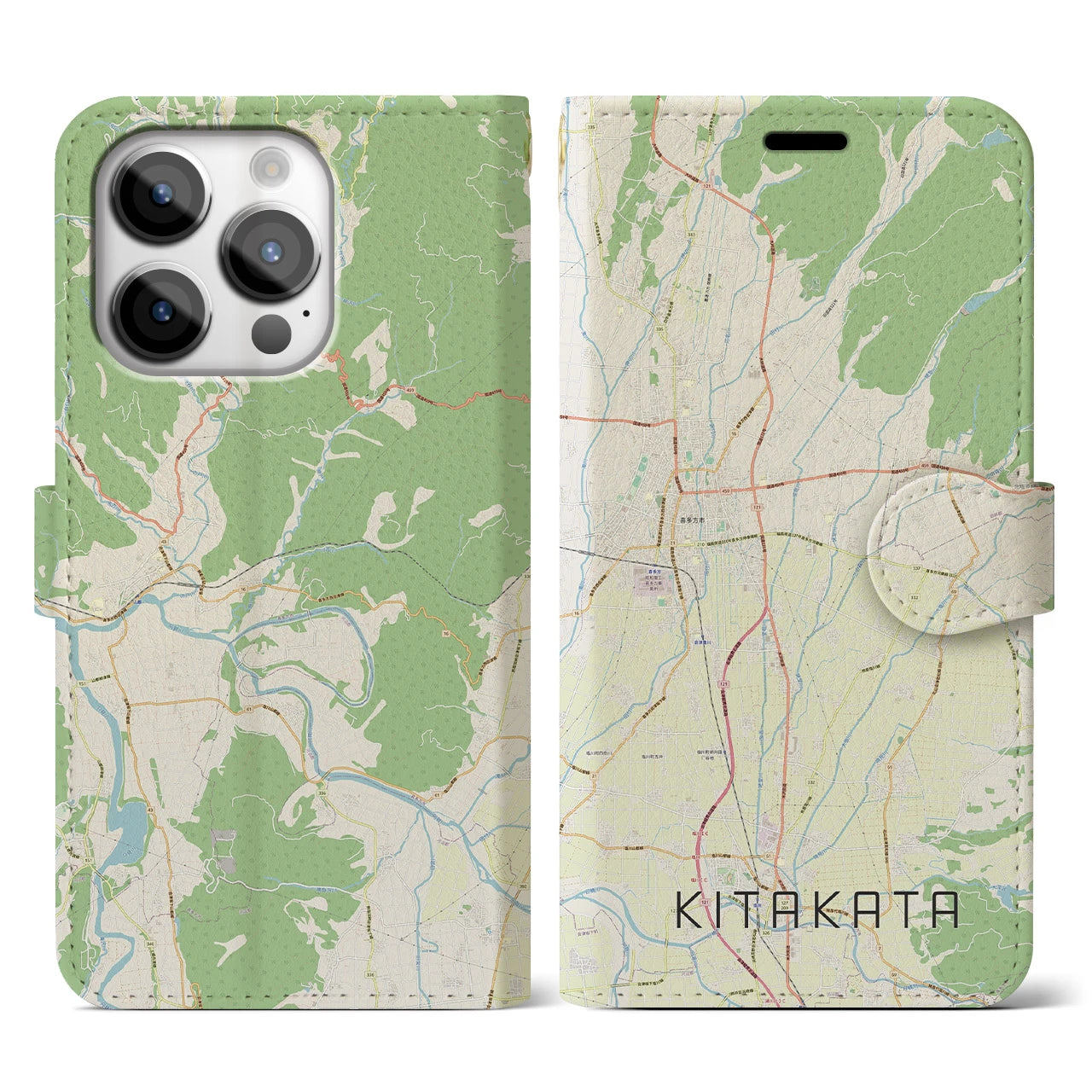【喜多方(福島県)】地図柄iPhoneケース(手帳タイプ)ナチュラル・iPhone 14 Pro 用