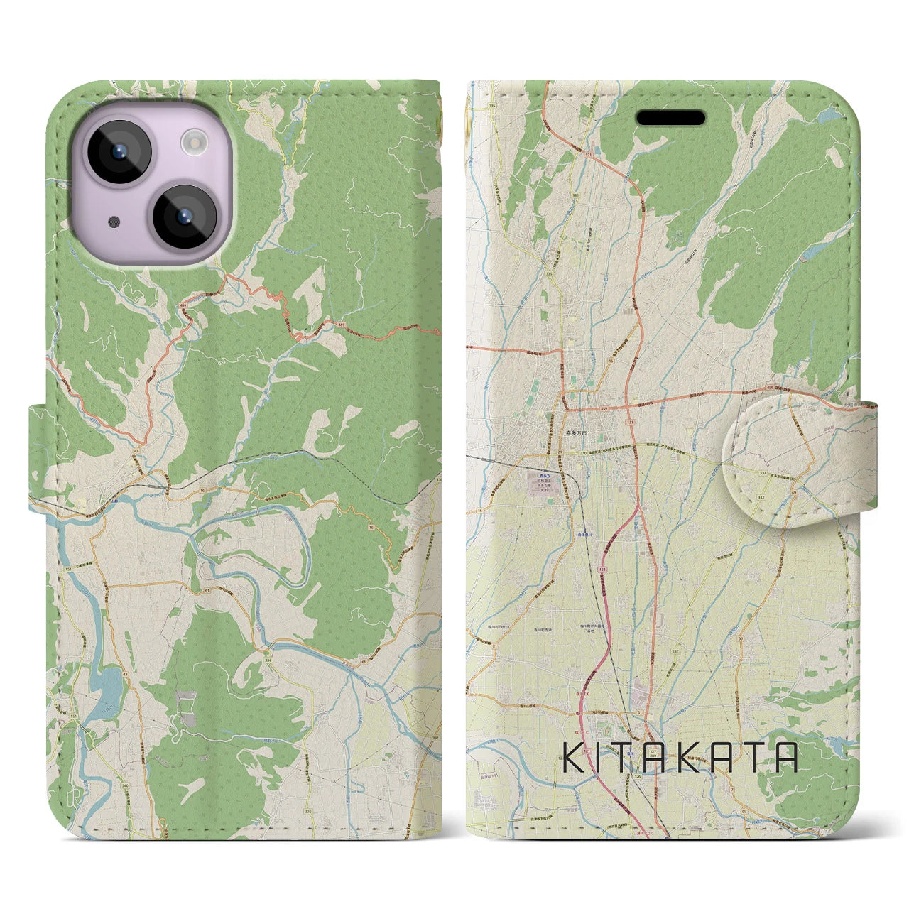 【喜多方(福島県)】地図柄iPhoneケース(手帳タイプ)ナチュラル・iPhone 14 用