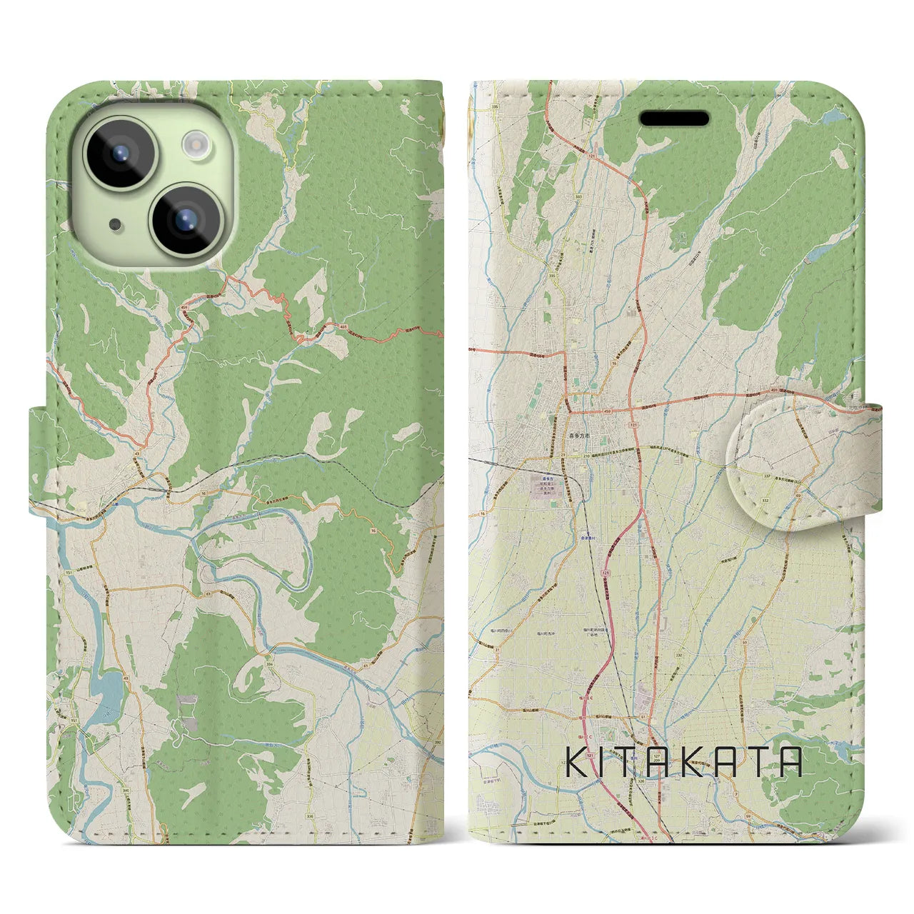 【喜多方(福島県)】地図柄iPhoneケース(手帳タイプ)ナチュラル・iPhone 15 用
