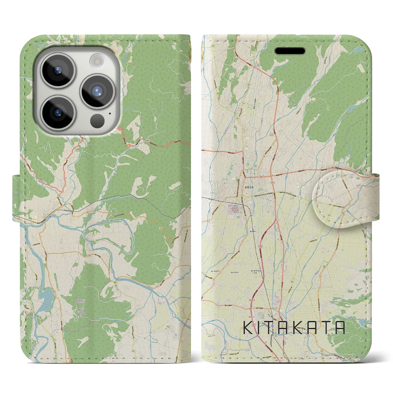 【喜多方(福島県)】地図柄iPhoneケース(手帳タイプ)ナチュラル・iPhone 15 Pro 用