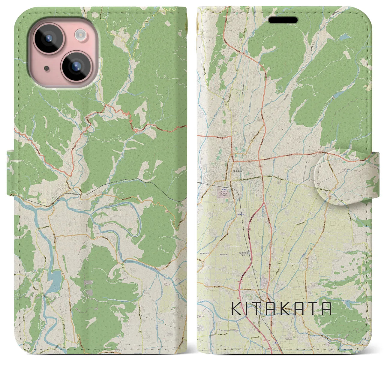 【喜多方(福島県)】地図柄iPhoneケース(手帳タイプ)ナチュラル・iPhone 15 Plus 用