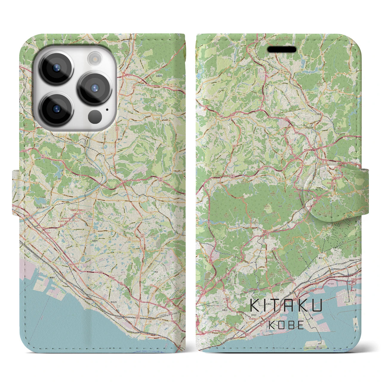【北区(神戸市)】地図柄iPhoneケース(手帳タイプ)ナチュラル・iPhone 14 Pro 用