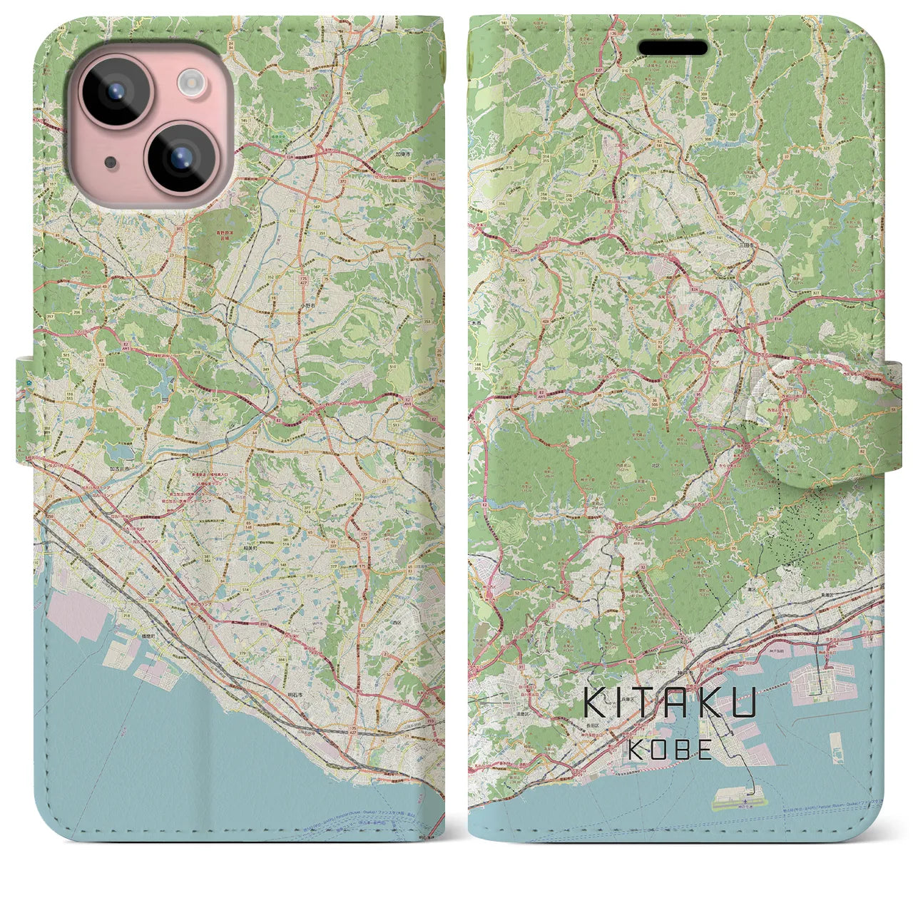 【北区(神戸市)】地図柄iPhoneケース(手帳タイプ)ナチュラル・iPhone 15 Plus 用