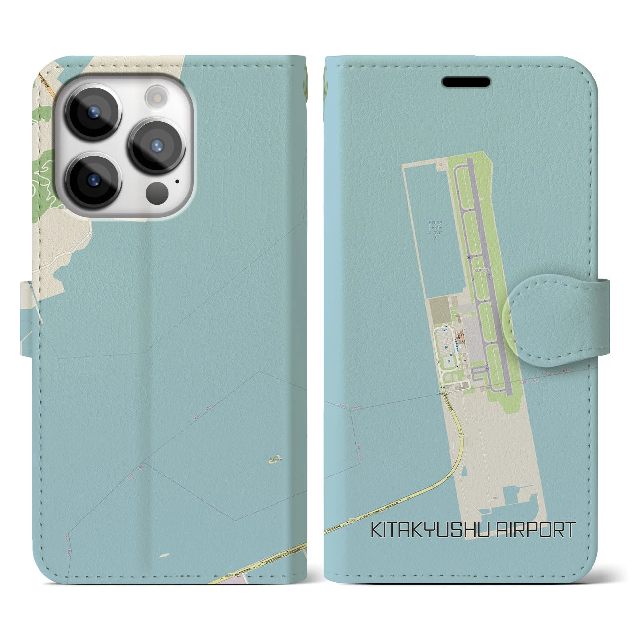【北九州空港(福岡県)】地図柄iPhoneケース(手帳タイプ)ナチュラル・iPhone 14 Pro 用