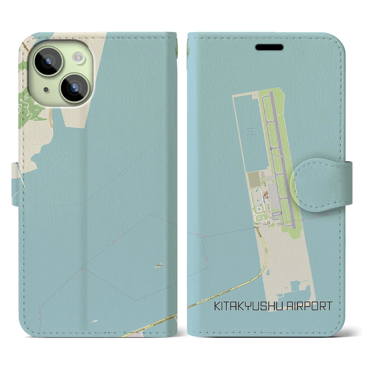 【北九州空港(福岡県)】地図柄iPhoneケース(手帳タイプ)ナチュラル・iPhone 15 用