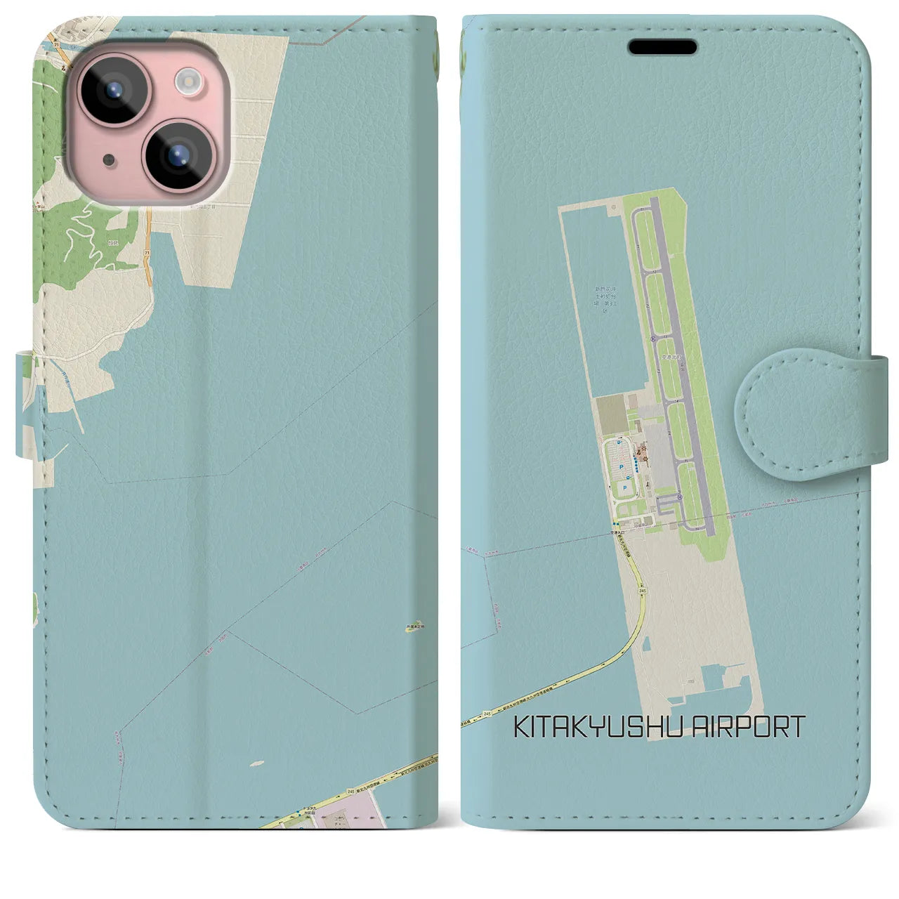 【北九州空港(福岡県)】地図柄iPhoneケース(手帳タイプ)ナチュラル・iPhone 15 Plus 用