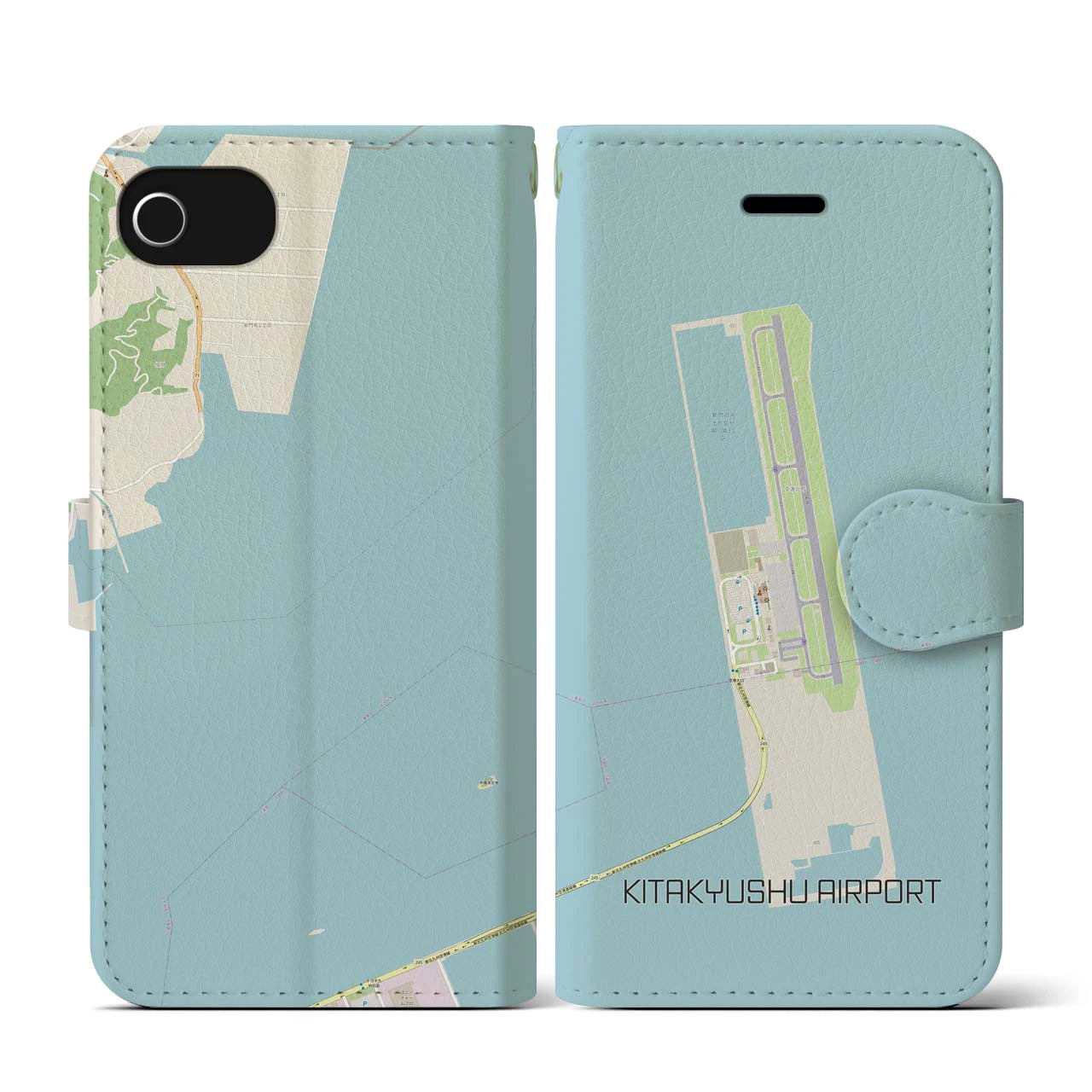 【北九州空港(福岡県)】地図柄iPhoneケース(手帳タイプ)ナチュラル・iPhone SE(第3 / 第2世代) / 8 / 7 / 6s / 6 用