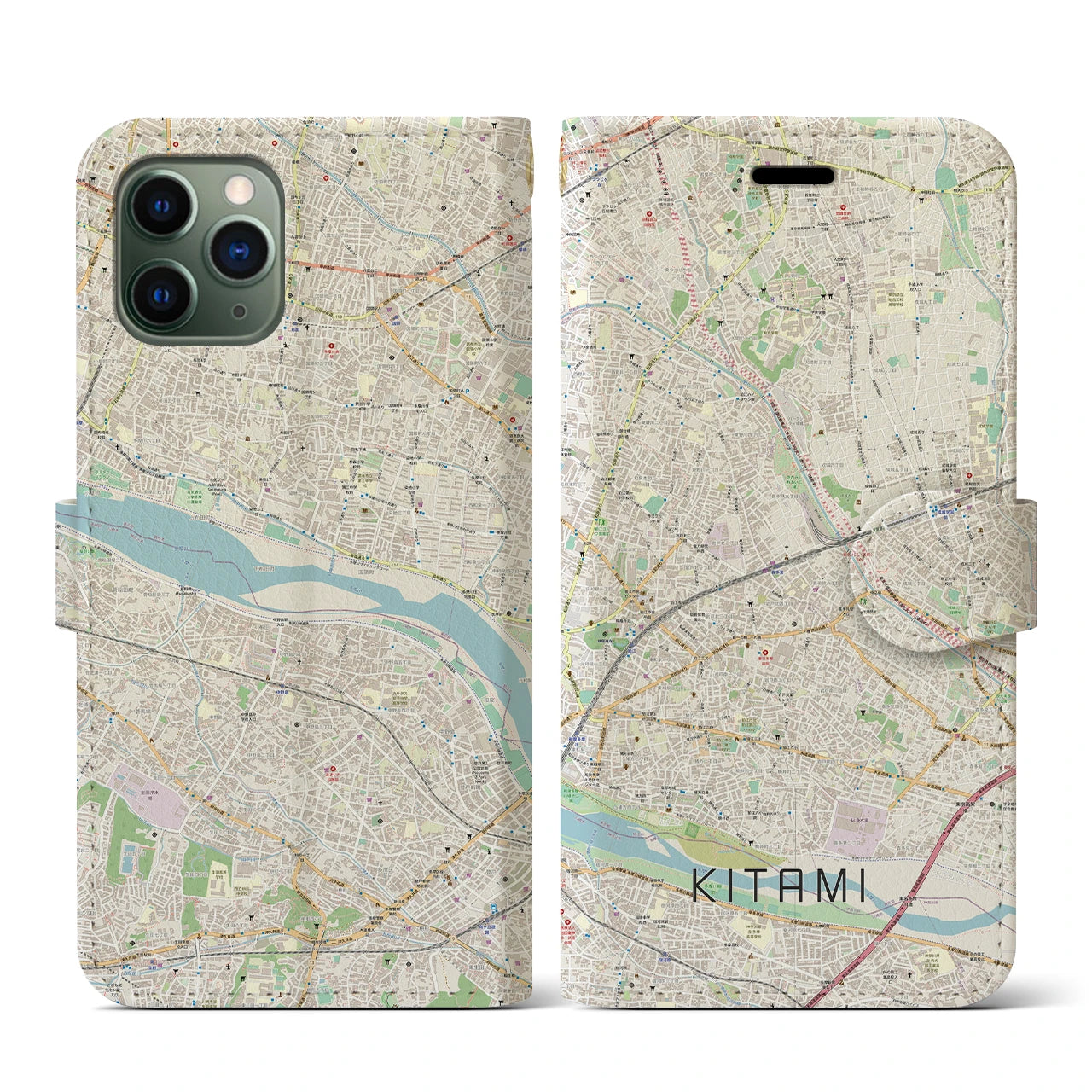 【喜多見(東京都)】地図柄iPhoneケース(手帳タイプ)ナチュラル・iPhone 11 Pro 用