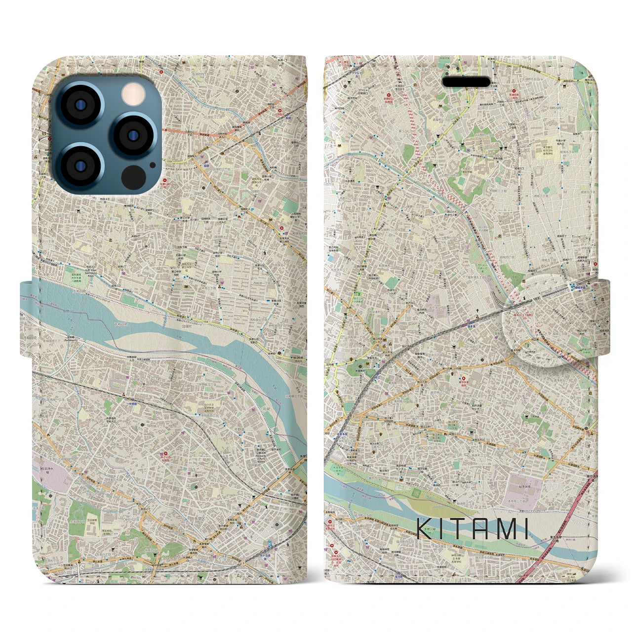 【喜多見(東京都)】地図柄iPhoneケース(手帳タイプ)ナチュラル・iPhone 12 / 12 Pro 用
