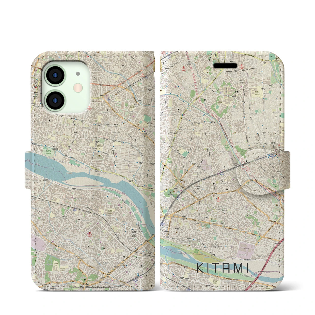 【喜多見(東京都)】地図柄iPhoneケース(手帳タイプ)ナチュラル・iPhone 12 mini 用