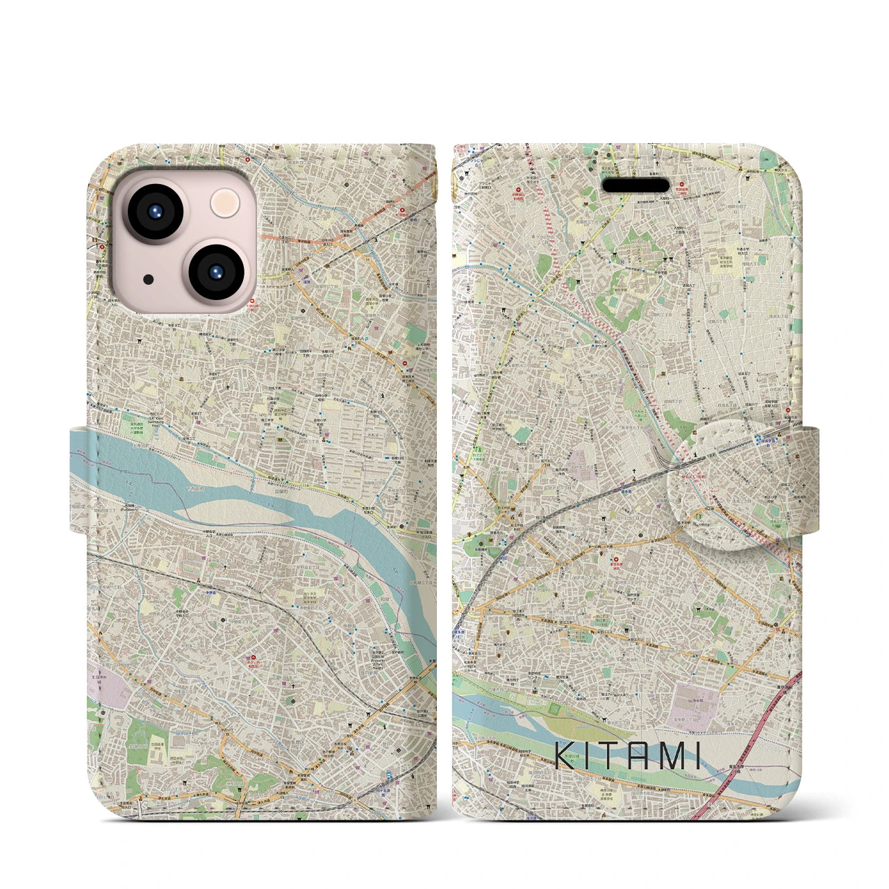 【喜多見(東京都)】地図柄iPhoneケース(手帳タイプ)ナチュラル・iPhone 13 mini 用