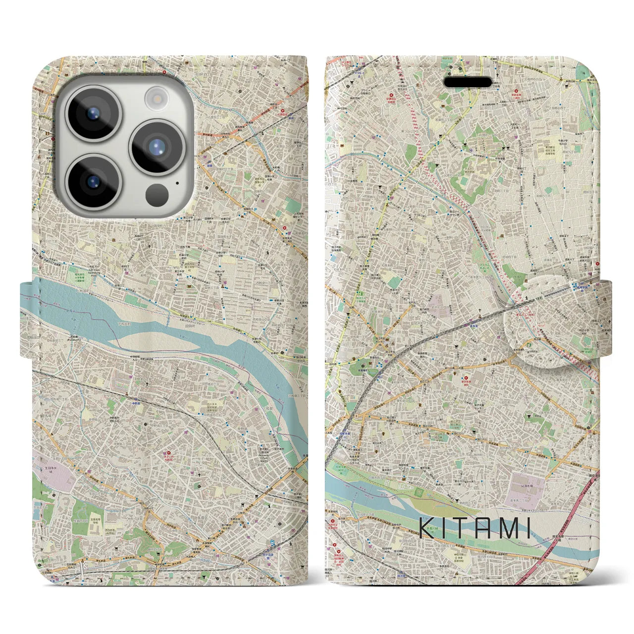 【喜多見(東京都)】地図柄iPhoneケース(手帳タイプ)ナチュラル・iPhone 15 Pro 用